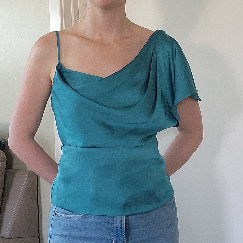 Teal one shouldered satin top